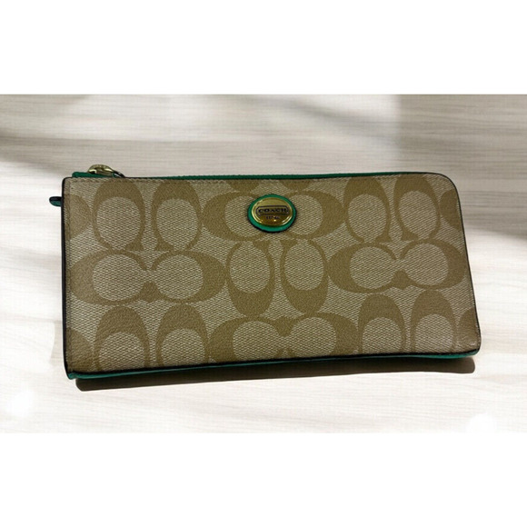 Coach Handbags - COACH Peyton Accordion Zip Wallet Signature C Khaki Green Trim Small Clutch